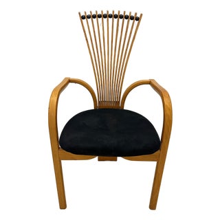 1990s Postmodern Sculptural Fan-Back Wood Armchair With Black Velvet Seat For Sale