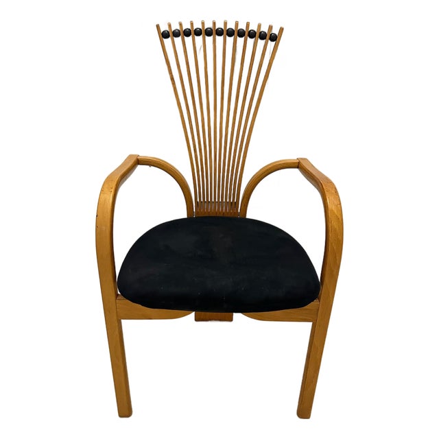 1990s Postmodern Sculptural Fan-Back Wood Armchair With Black Velvet Seat For Sale