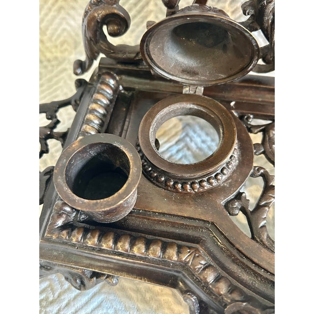 Antique Bronze Victorian Rococo Revival Double Inkwell For Sale In New Orleans - Image 6 of 11