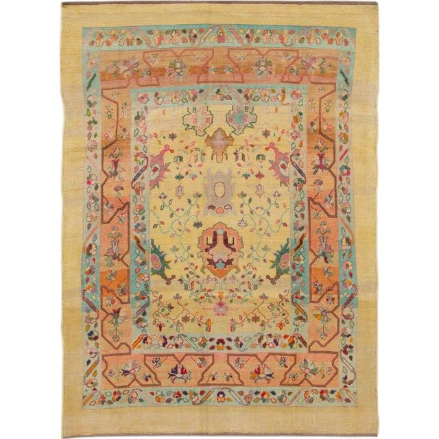 Modern Revival Yellow Handmade Wool Rug For Sale