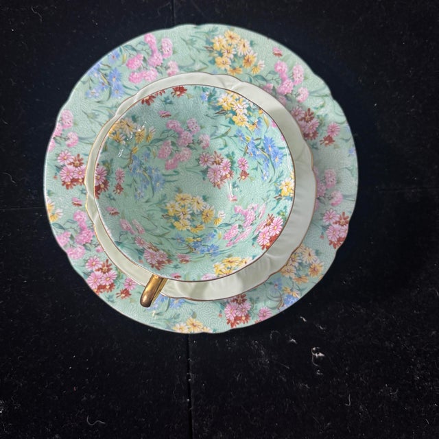 Mid-Century Modern Vintage Shelley Oleander “Melody” Trio Bone China Tea Cup Saucer & Plate Three Piece Set For Sale - Image 3 of 9