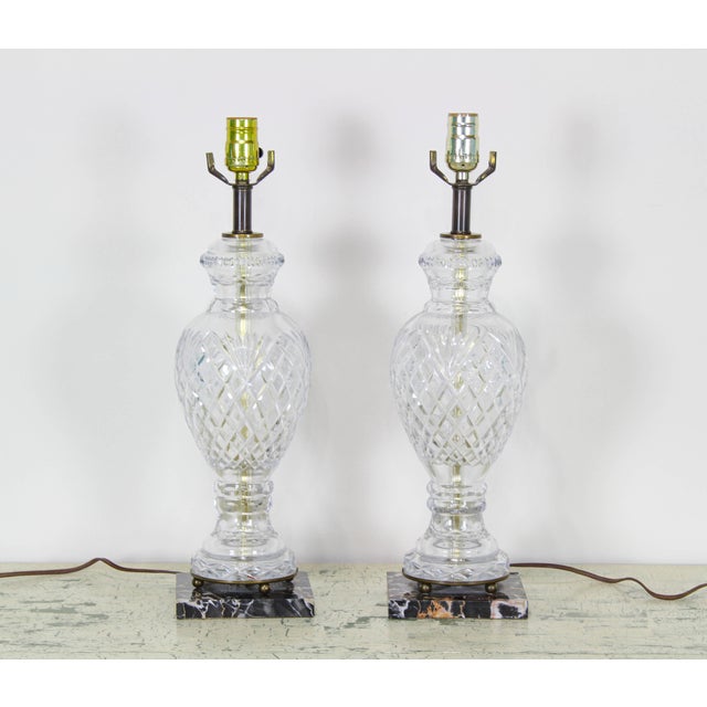 Mid Century Cut Crystal Glass Table Lamps on Marble Bases a Pair