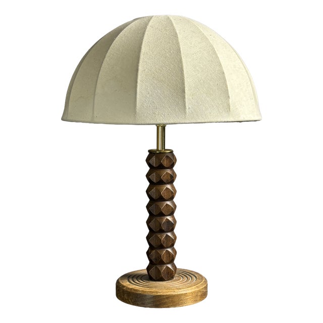Mid-Century Modern French Brutalist Turned Wood Mushroom Table Lamp in the style of Charles Dudouyt, 1950s For Sale