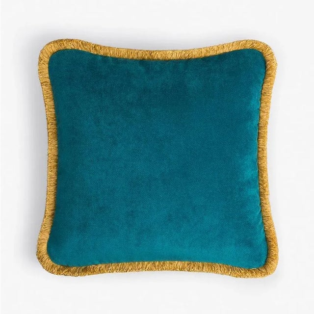 Contemporary Happy Pillow in Teal and Yellow from Lo Decor For Sale - Image 3 of 3