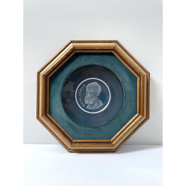 1970 Val St. Lambert Etched Crystal Intaglio Plates of Michelangelo and Da Vinci Framed Wall Art - a Pair For Sale - Image 4 of 11