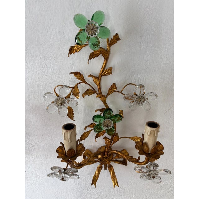 Maison Baguès Style Green Prisms Crystal Flowers Tole Bow Sconces, C 1930 For Sale - Image 9 of 11
