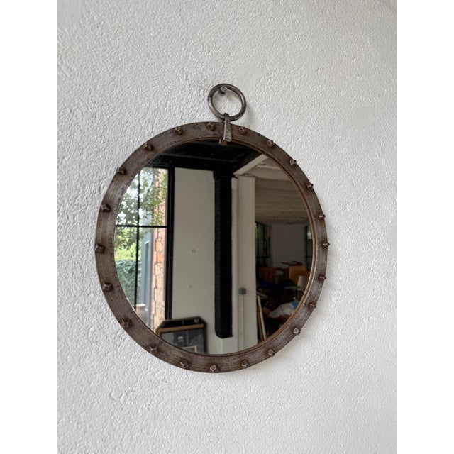 Round Brutalist Wrought Iron Mirror with Nails, 1960s For Sale - Image 6 of 18