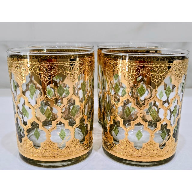 Mid-Century Modern Vintage Culver 22k Gold “Valencia” Old Fashioned Glasses, Set of 4 Signed Tumblers For Sale - Image 3 of 10