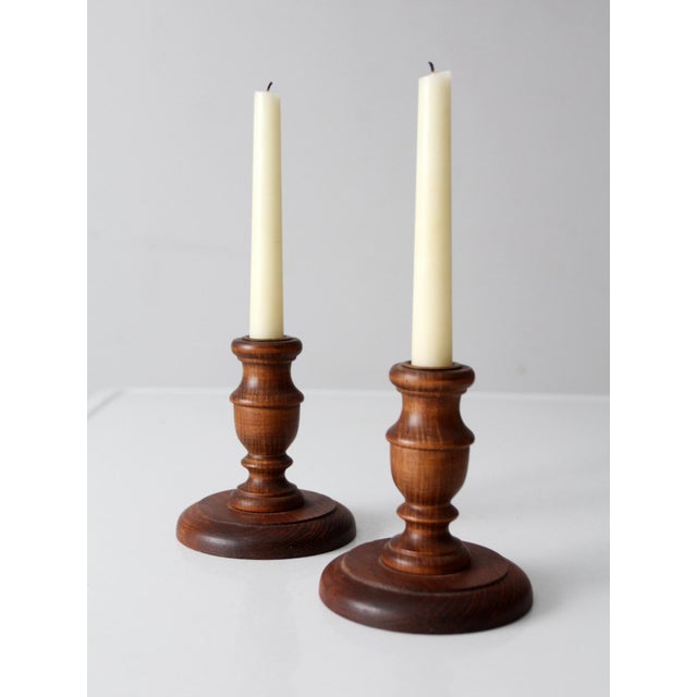 Brown Vintage Turned Wood Candlestick Holders Pair For Sale - Image 8 of 8