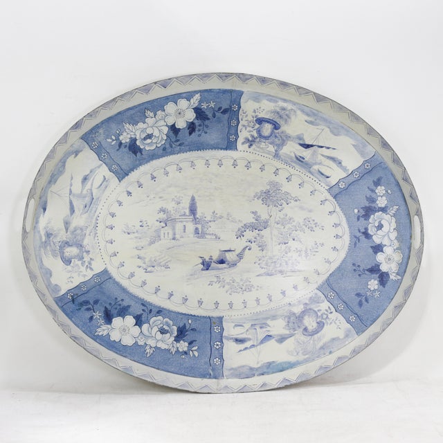 Vintage Blue and White Tole Tray - Hand Painted Chinoiserie Landscape and Floral Oval Serving Tray For Sale - Image 16 of 16