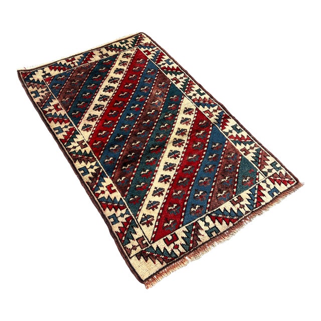 Vintage Afghan Kazak Rug | Hand-Knotted Wool Tribal Carpet With Diagonal Striped Geometric Rug For Sale