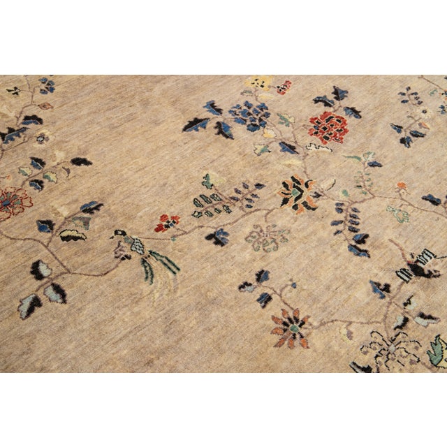 Room Size Modern Chinese Style Brown Wool Rug With Floral Motif For Sale - Image 9 of 10