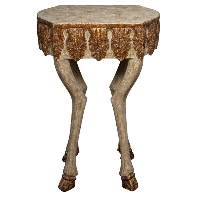 Exquisite Carved Wood Side Table featuring a stunning white-washed finish adorned with delicate gilded accents, all...