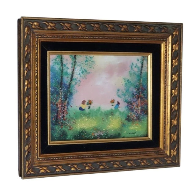 Late 20th Century Cardin Framed Painting of Children Exchanging Flowers Sunset Copper Enameled Golden Hour For Sale In Greensboro - Image 6 of 8