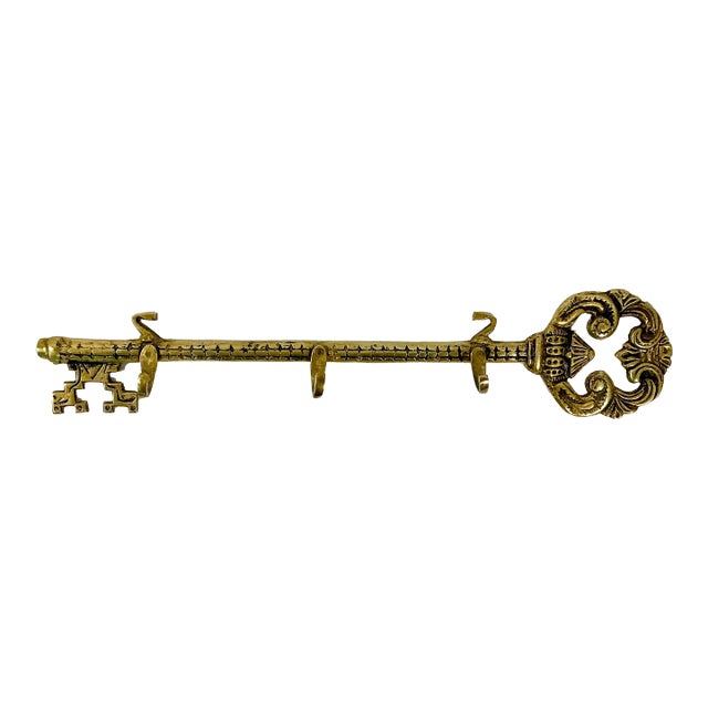 Mid-Century English Victorian Brass Antique Key Motif Wall Hook For Sale