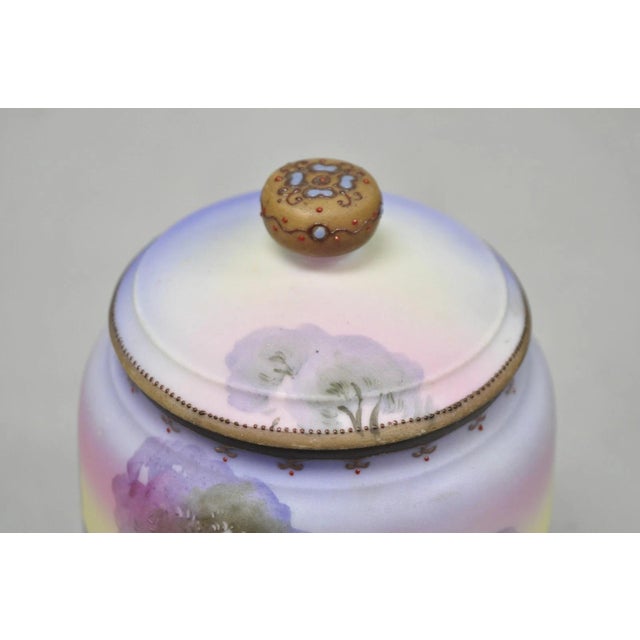 Antique Nippon Hand Painted Porcelain Countryside Lake Scene Covered Biscuit Jar For Sale - Image 4 of 17