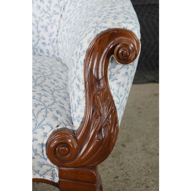 Antique Victorian Carved Walnut Spoon-Back Blue Floral Salon Armchair C. 1880s For Sale - Image 4 of 18