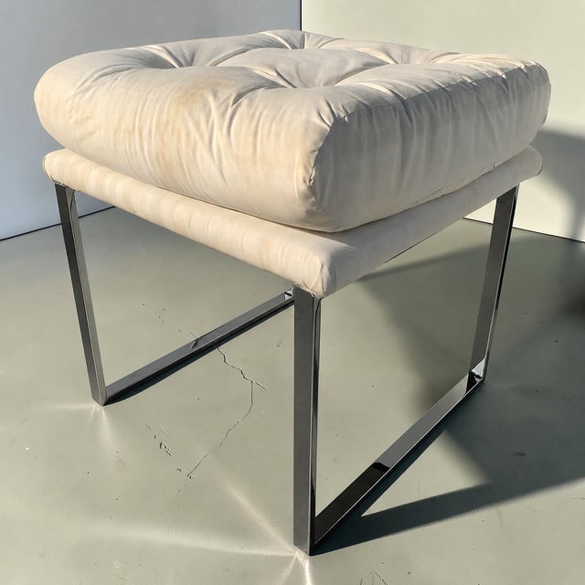 Milo Baughman Style Chrome Upholstered Stool For Sale - Image 11 of 14