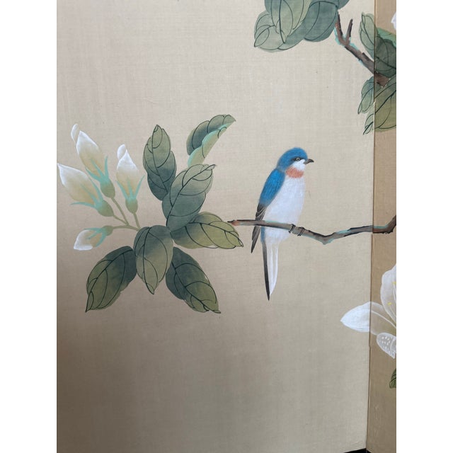 Early 20th Century Chinoiserie Asian Hand Painted Magnolia & Bird Four Panel Folding Screen Room Divider For Sale - Image 5 of 8