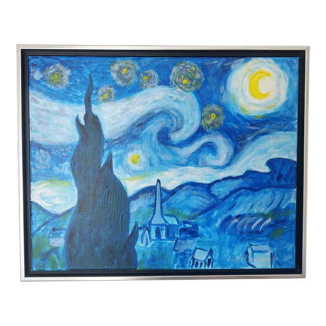 "A Tribute to Van Gogh's Starry Night" Contemporary Post-Impressionist Landscape Painting by Linda McDonough, Framed For Sale