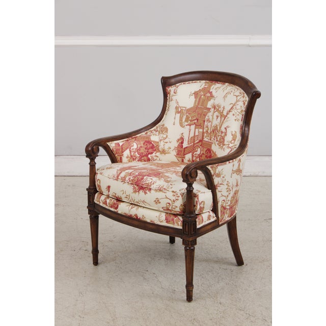 French Pair of Stickley Louis XVI Style Chinoiserie Barrel Back Armchairs For Sale - Image 3 of 17