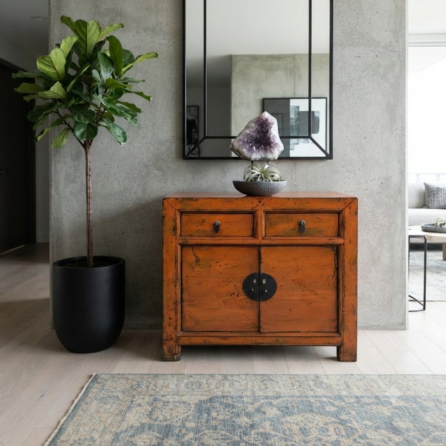 1980s Distressed Vintage Style Weathered Orange Drawers Credenza Cabinet For Sale - Image 5 of 15
