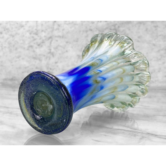 Blue Vintage Italian Murano Blue Blown Art Glass Flared Vase For Sale - Image 8 of 9