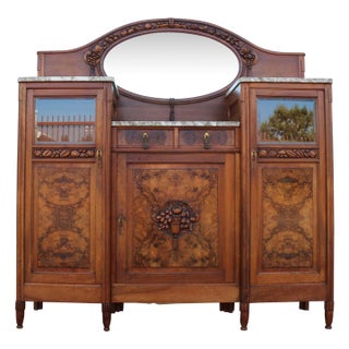 Antique French Art Deco Buffet Sideboard With Beveled Mirror & Marble Top | Burl Wood Credenza | Early 20th Century For Sale