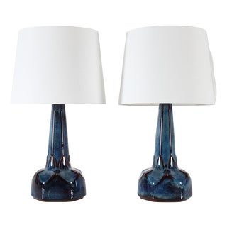 Mid-Century Danish Blue Glazed Table Lamps by Einar Johansen for Søholm, 1960s, Set of 2 For Sale