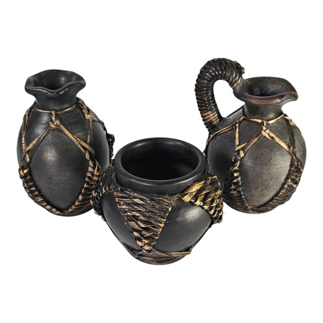 Vintage Earthenware & Wicker Wrapped Vessels – Set of 3 For Sale