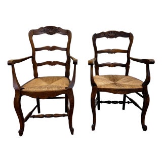 Antique French Country Style Louis XV Style Ladder Back Rush Seat Arm Chairs For Sale