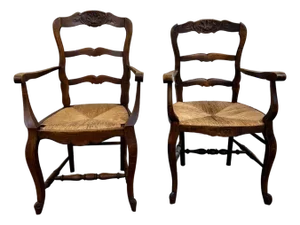 Antique French Country Style Louis XV Style Ladder Back Rush Seat Arm Chairs
