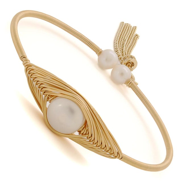 Modern Cleopatra Gold & Pearl Tassel Cuff Bracelet For Sale - Image 3 of 9
