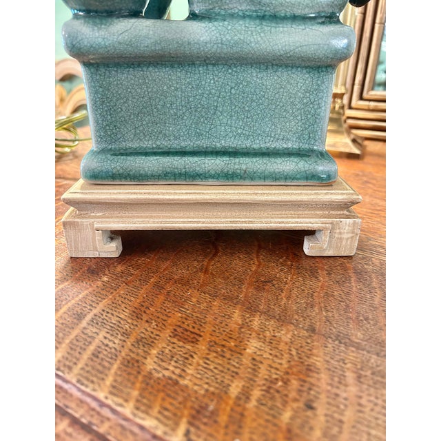 Vintage Celadon Crackle Glaze Chinoiserie Foo Dog Lamps - A Pair For Sale - Image 10 of 15