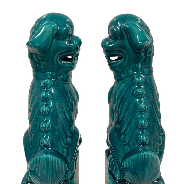 Vintage Chinese Porcelain Green Foo Dog Figurines - A Pair For Sale - Image 11 of 13