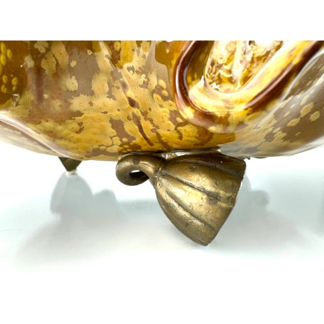 Vintage Mid Century Castilian Imports Ruffled Ceramic Lotus Bowl With Bronze Accents For Sale - Image 9 of 14