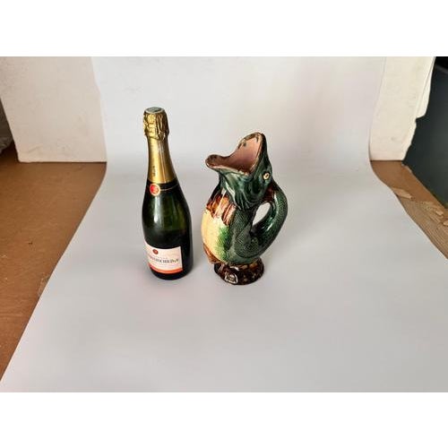 Majolica Gurgling Fish Pitcher Green Brown color England 19th.