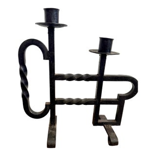 Antique Hand Forged Spanish Revival Wrought Iron Twisted Metal Candle Holder For Sale