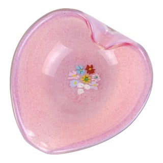 Vintage Murano Fratelli Toso Millefiori Wild Flowers Pink Opalescent Italian Art Glass Heart Bowl For Sale