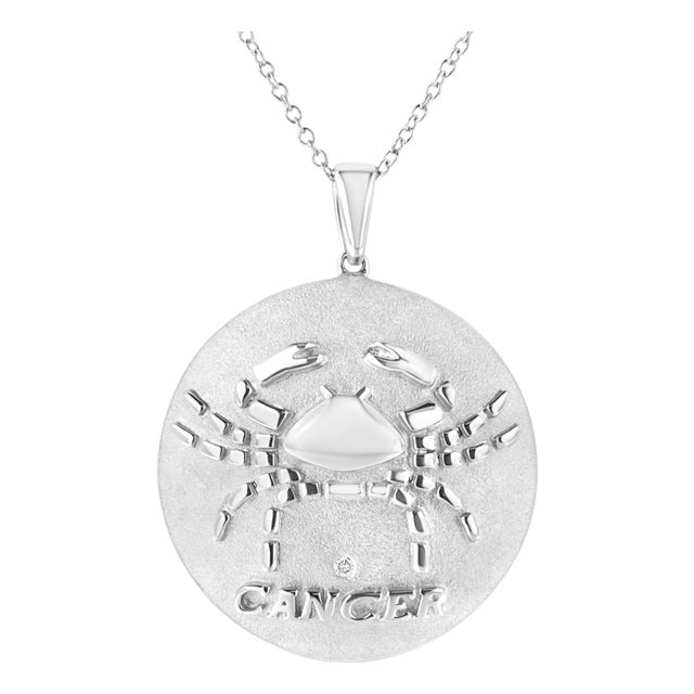 .925 Sterling Silver Diamond Accent Cancer Zodiac Design 18" Pendant Necklace Medallion For Sale