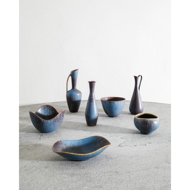 Ceramic Mid-Century Swedish Blue Brown Ceramic Bowls and Vases by Gunnar Nylund for Rörstrand, 1950s, Set of 7 For Sale - Image 7 of 7
