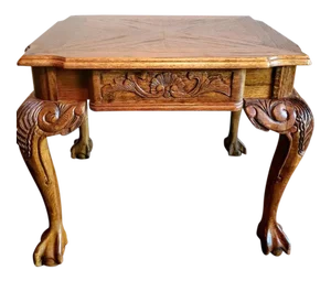 Vintage Carved Oak Parquetry Inlaid Ball & Claw Side Table