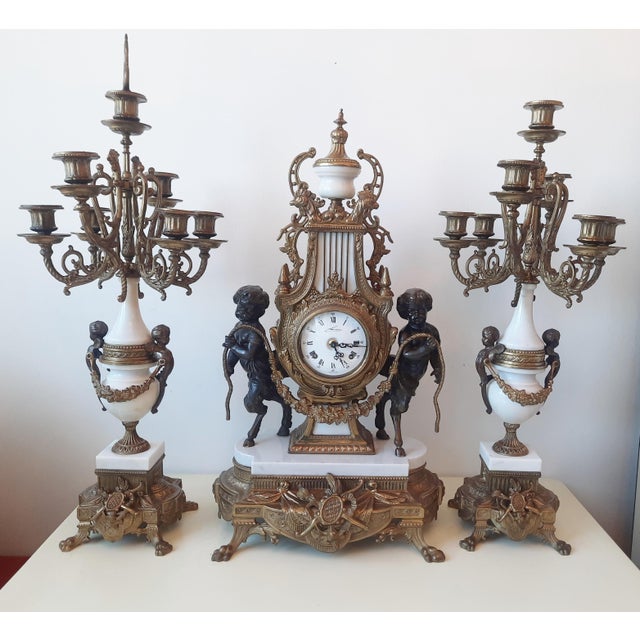 Lancini Clock with Louis XVI Style Candlesticks, 1940s, Set of 3 For Sale - Image 11 of 18