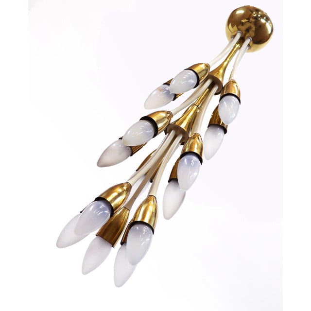 German Brass and Enamel 12-Light Chandelier, 1950s For Sale - Image 4 of 10