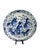 A striking pair of Chinese blue and white painted chargers, each featuring beautifully stylized foo dogs and delicate...