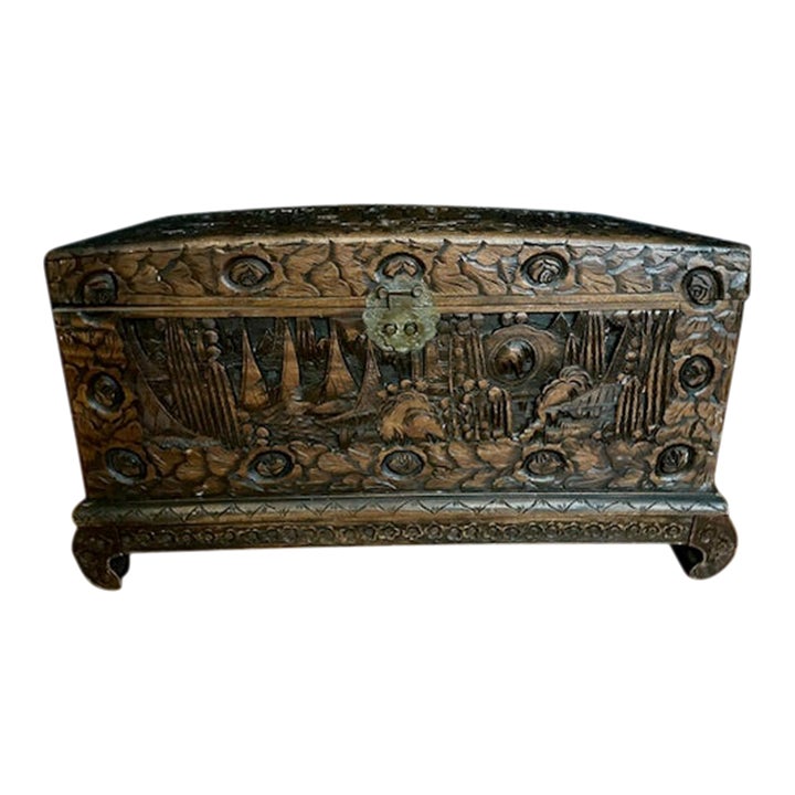 Vintage Medium Asian Hand-Carved Camphor Wood Chest With Brass