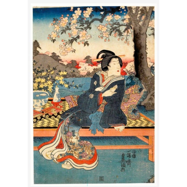 Japanese Woodblock Utagawa Kunisada Framed Wood Gold Gilt Antique Bijin Cherry Blossom Floral Kimono Sake For Sale - Image 11 of 17