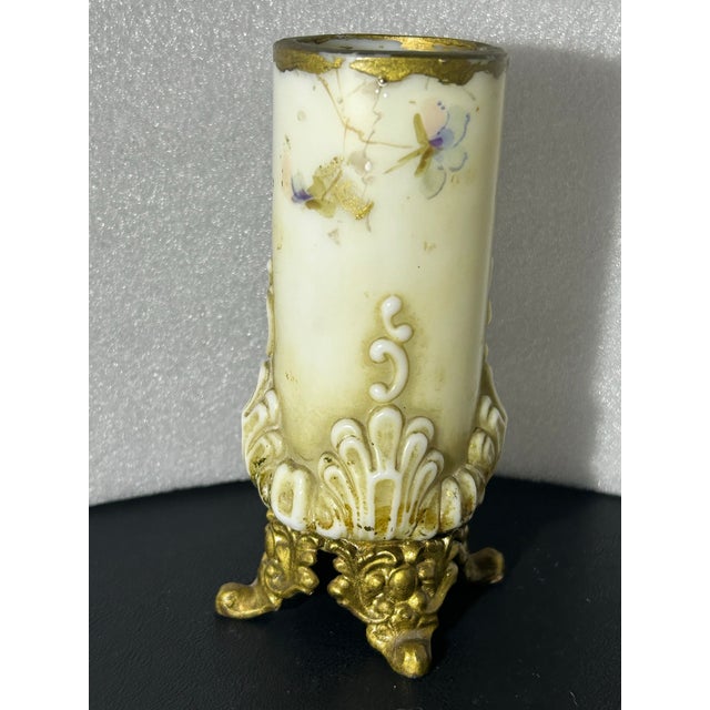 Gemstone Fine Antique c.f. Monroe Wave Crest "Opal Ware" Hand-Painted Cylinder Vase in Ornate Gilt Ormolu Mount For Sale - Image 7 of 7