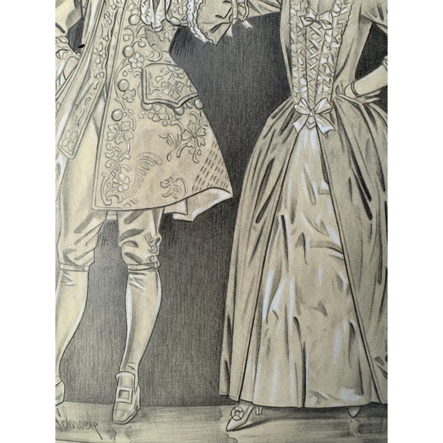 Illustration 1940s Original Signed Graphite Illustration of 18th Century Couple in Period Dress, 11 × 14 In. For Sale - Image 3 of 9
