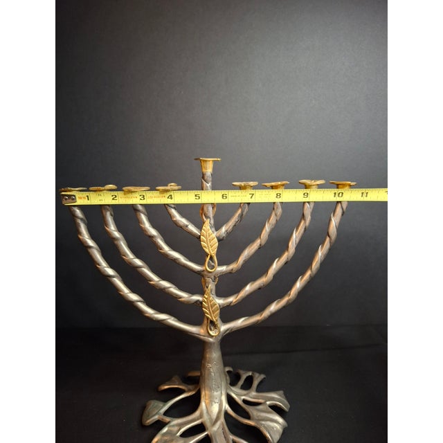 VTG Fred Spinowitz Tree of Life Menorah Signed Judaica Silver Tone Brass Leaves For Sale - Image 15 of 18